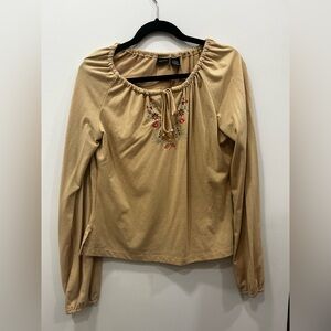 Xhilaration Tan Blouse with Floral Embroidery